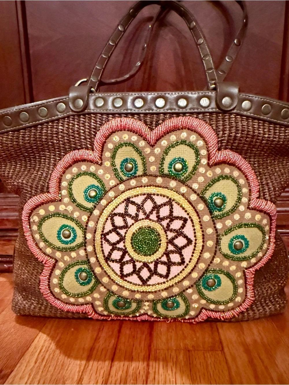 Isabella Fiore Brown Woven Shoulder Bag Beaded Mandala Pink & Green